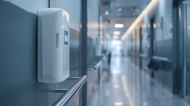 Hand sanitizing station beside emergency door with digital counter, hygiene and security, post-pandemic safety vibe, Cinematic Scene