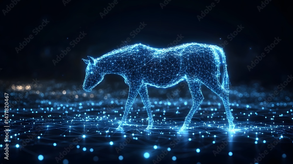 Aufkleber a futuristic wireframe horse stands on a digital network, glowing with blue light. this innovative d