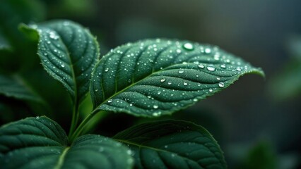 Obraz premium Fresh Green Leaf Covered in Water Droplets Nature Background Wallpaper