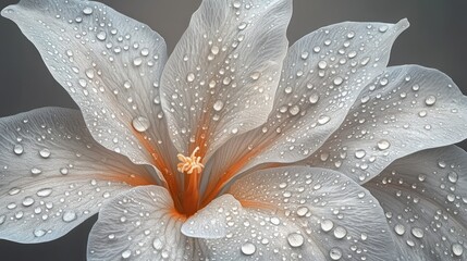 Delicate, light-toned flower petals adorned with water droplets. Close-up view of a flower's intricate structure