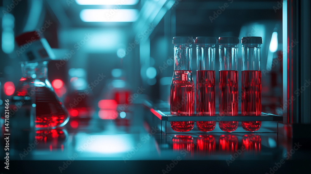 Poster close up of test tubes with red liquid in a laboratory with a blue and red color scheme