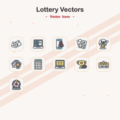 Lottery themed icons for gambling and prize winning
