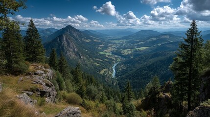 Obraz premium Mountain valley view with trees rocks and clouds on a sunny day.