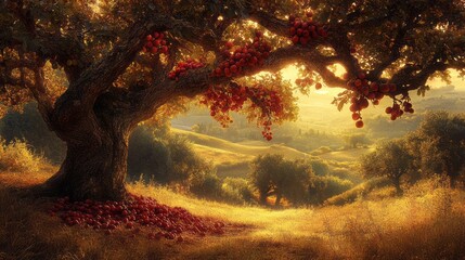 Golden hour scene of a laden orchard tree.