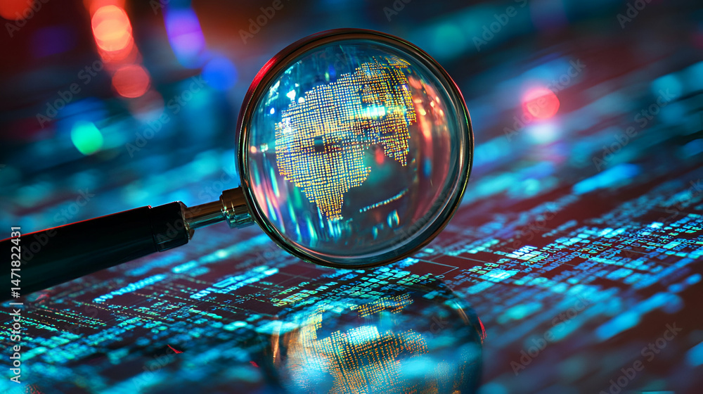 Poster magnifying glass over circuit board with glowing data pattern