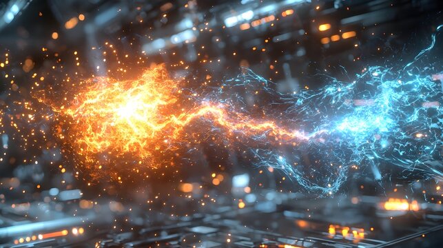 Electrical arc frozen mid-spark during diagnostics, volatile intensity, dramatic tech scene, Cinematic Scene