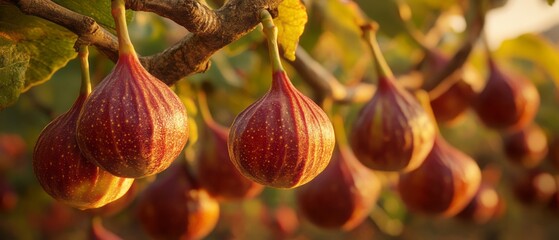 Close up view of ripe figs hanging from branches.