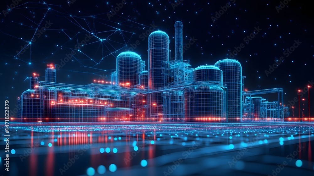Poster futuristic industrial plant in wireframe style with blue lines and red accents, creating a high-tech