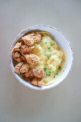 creamy omelet or omelet or omelette or fried egg with fried chicken or crispy chicken or chicken
