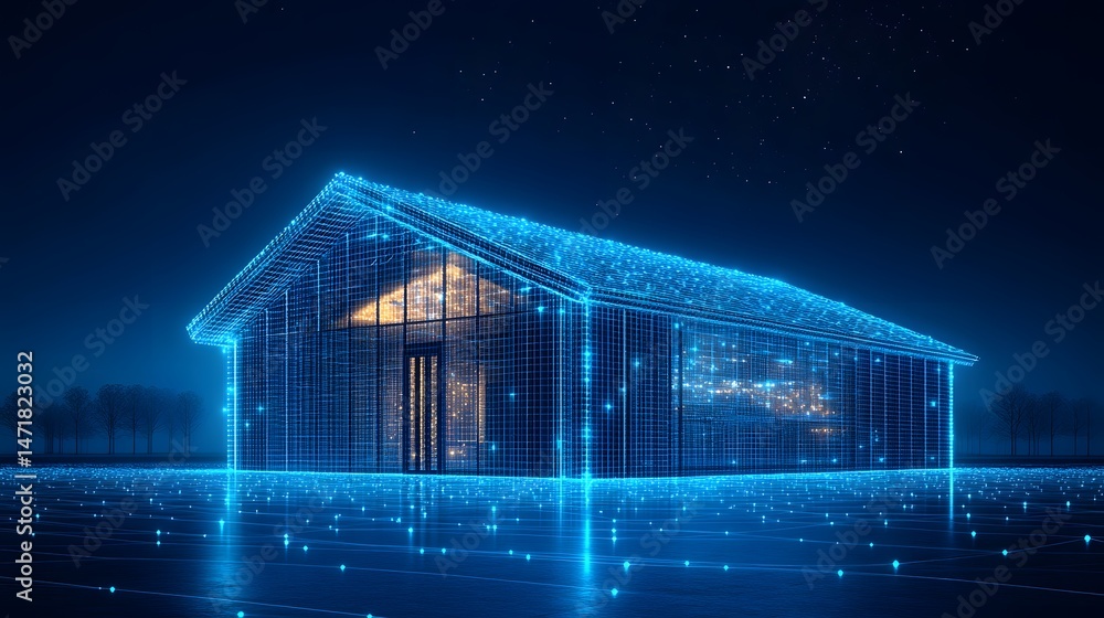Poster futuristic smart home concept rendered in glowing blue wireframe. digital architecture model with gr