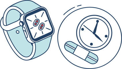 Smartwatch Displays Notifications Alongside a Round Wall Clock in a Minimalist Design Setting