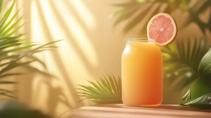 Sunlight-drenched drink in a glass jar surrounded by lush foliage.