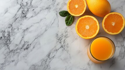 Freshly squeezed orange juice with fruit slices on marble.