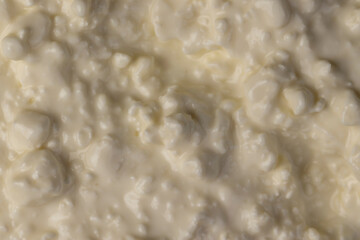 low-fat cottage cheese made from milk with sour cream, sprinkled with liquid sour cream, close up