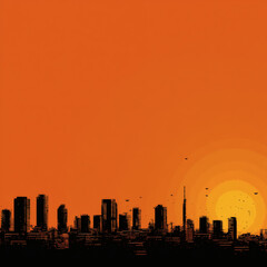 A captivating silhouette of a city skyline set against a vibrant orange sunset backdrop.