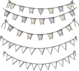 Colorful bunting flags set in vintage engraving style for party decoration, celebration, and festive design