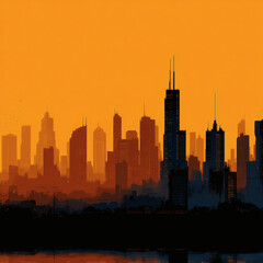 Obraz premium A stunning cityscape in silhouette, showcasing skyscrapers against a vibrant orange sunset.