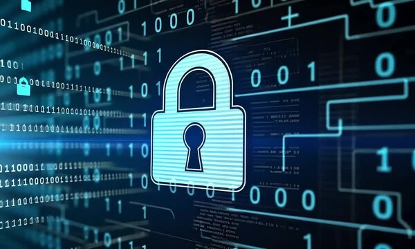 Digital lock icon over binary code background