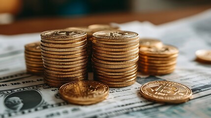 Gold Coins and Financial Charts Symbolizing Wealth, Stacks of gold coins with financial charts in the background, symbolizing wealth and investment