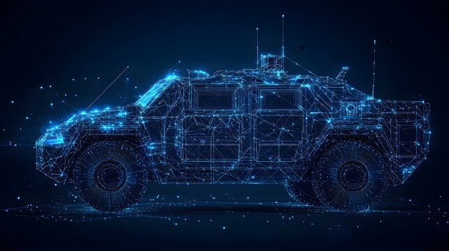Futuristic military vehicle concept showcased in a glowing blue wireframe. Armored design with off-road tires and antennas evokes a high-tech, sci-fi aesthetic. Abstract dark blue wireframe.