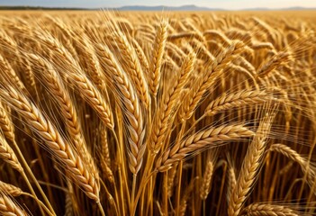 There is a close-up of a wheat field with a sky background