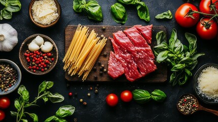 Fresh pasta ingredients arranged on a dark surface.