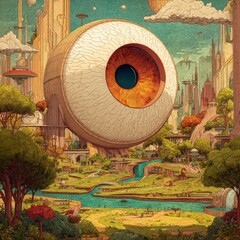 Naklejka premium Giant Eye Overlooking a Futuristic City Park