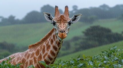 Obraz premium Giraffe in Rainy Season - A giraffe standing under light rain, wet fur glistening, moody green landscape, overcast skies, atmospheric and fresh