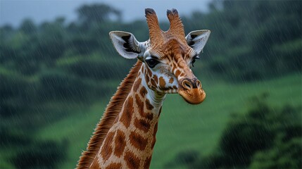 Obraz premium Giraffe in Rainy Season - A giraffe standing under light rain, wet fur glistening, moody green landscape, overcast skies, atmospheric and fresh