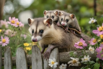 A mother opossum carrying her babies on her back, walking through a garden with blooming flowers and a rustic fence--illustrating themes