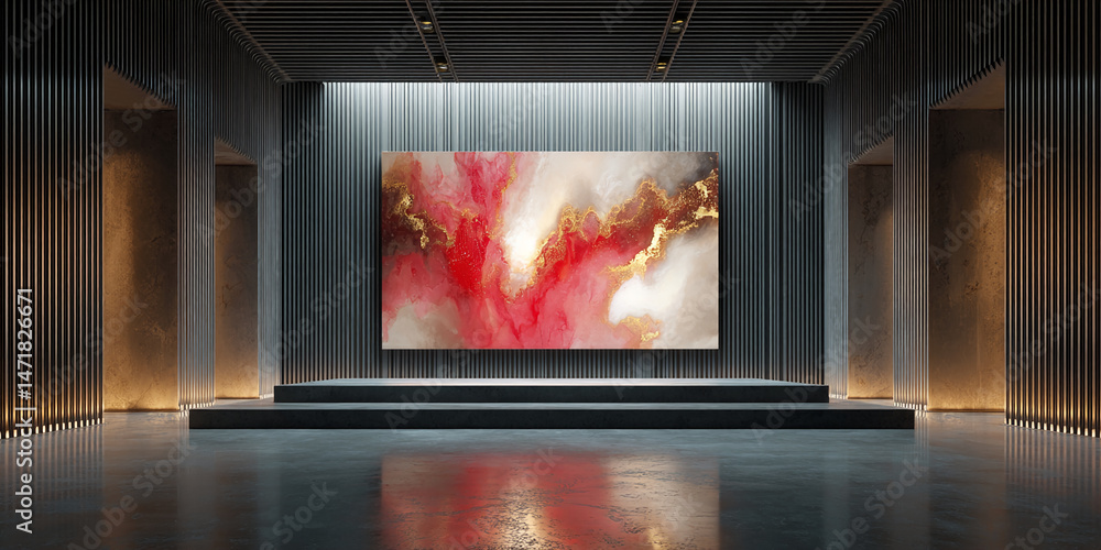 Aufkleber abstract red and gold artwork displayed on a modern, minimalist stage with dark gray walls and floor