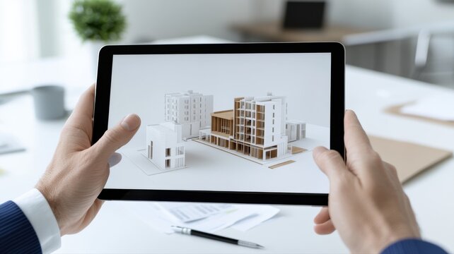 Businessman Reviewing 3D Architectural Model on Tablet architectural model digital model planning ai