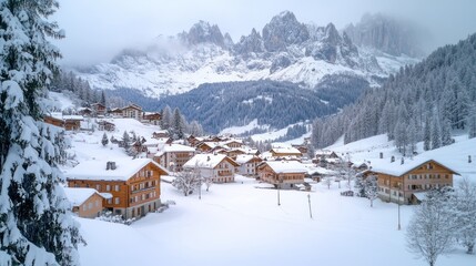 Village in Winter Mountain Landscape with Snow Covered Trees and Peaks