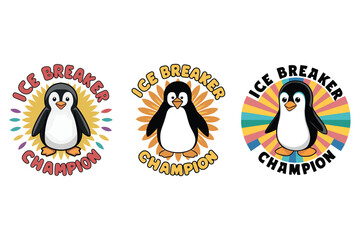 Obraz premium Ice Breaker Champion Penguin T-Shirt – 70s Psychedelic Style Flat Illustration