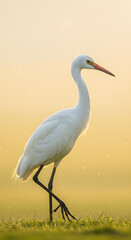 Obraz premium Elegant white bird with long legs and slender neck walks gracefully through lush green grass under a soft golden light, showcasing the beauty of nature and wildlife
