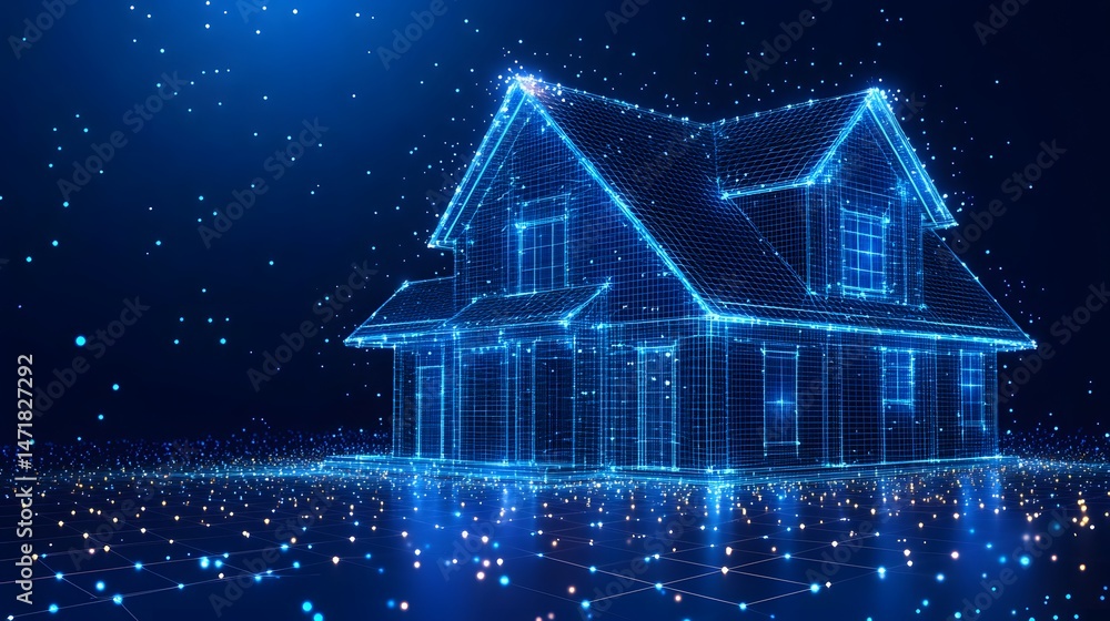 Aufkleber futuristic wireframe house aglow with digital light, perched on a glowing grid. a technological marv