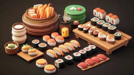 Diverse sushi and Asian food display (1)
