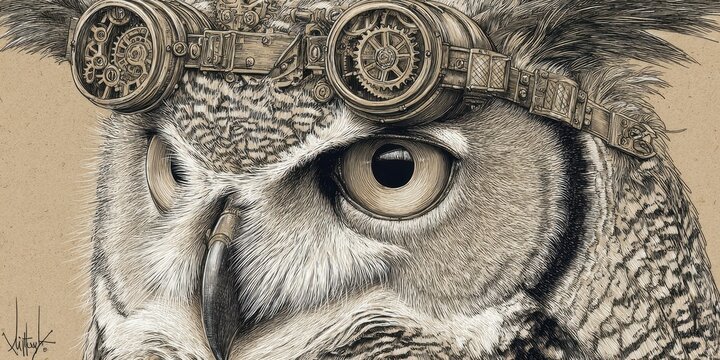 Detailed close-up drawing of an owl with steampunk goggles.