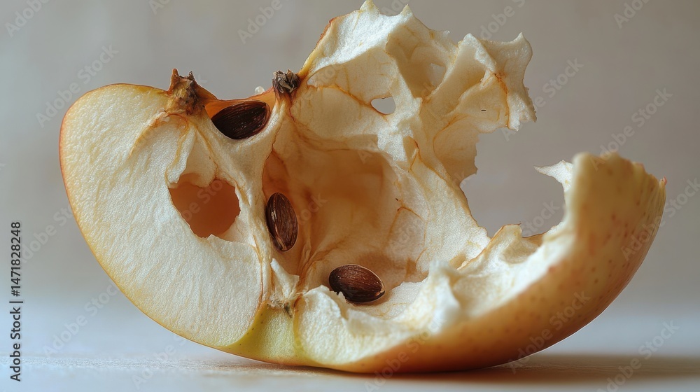 Poster apple core minimalist - a neatly eaten apple core with remaining seeds, simple and elegant against w