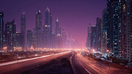 Obraz premium Cityscape at night with illuminated buildings and blurred car lights on road.