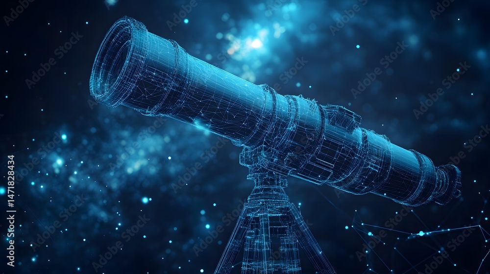 Poster futuristic blue wireframe telescope on a tripod against a cosmic backdrop. glowing particles suggest