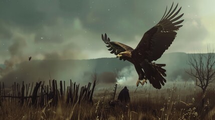Obraz premium Majestic golden eagle soaring over a desolate landscape.