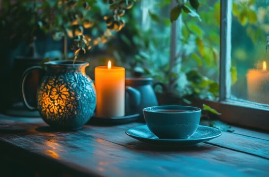 Home workspace with scented candles and tea