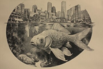 Detailed pencil drawing of a fish and city skyline.