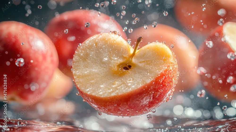 Poster floating apple slices - multiple apple slices suspended in air, dynamic arrangement, fresh juice dro