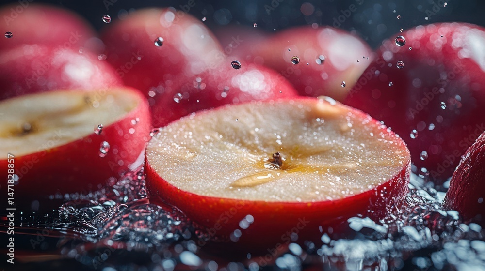 Poster floating apple slices - multiple apple slices suspended in air, dynamic arrangement, fresh juice dro