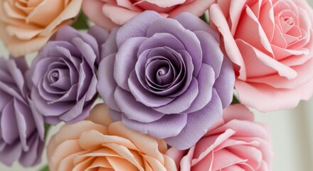 Close-up view of pastel colored paper roses.