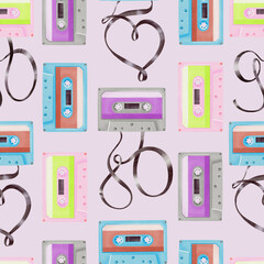 Portable player audio cassettes from 80's,90's style,tapes in shape 80,90,heart in seamless pattern.Watercolor illustration on pink background for websites,fabric,stationery,theme parties