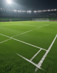 Fototapeta premium Modern Russian football field, bright green pitch, ball, clear