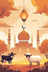 Idul Adha Vector Illustration with Mosque, Lantern, Cow, and Sheep in Warm Sunset Colors